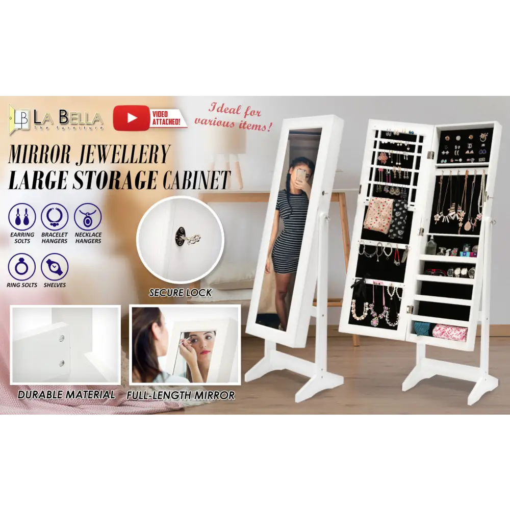 Mirror Jewellery Cabinet Storage Organiser LUVO 146cm WHITE - Health & Beauty > Cosmetic Storage > Makeup Organisation