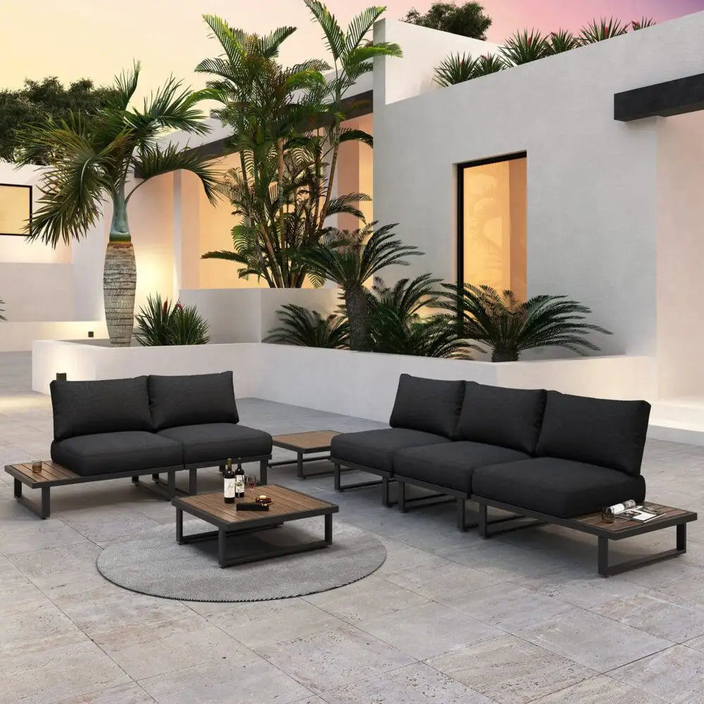 Modern Outdoor 7 Piece Lounge Set with Slatted Polywood Design Tables - Furniture > Outdoor