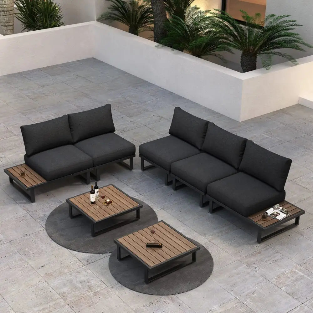 Modern Outdoor 7 Piece Lounge Set with Slatted Polywood Design Tables - Furniture > Outdoor