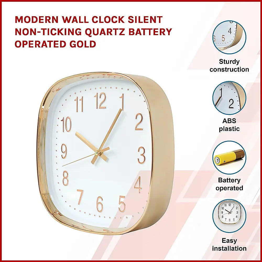 Modern Wall Clock Silent Non-Ticking Quartz Battery Operated Gold - Home & Garden > Decor