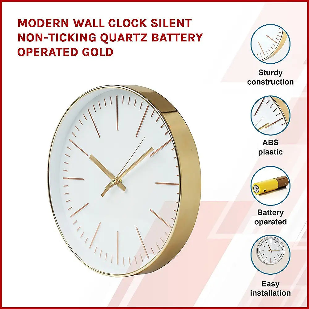 Modern Wall Clock Silent Non-Ticking Quartz Battery Operated Gold - Home & Garden > Decor