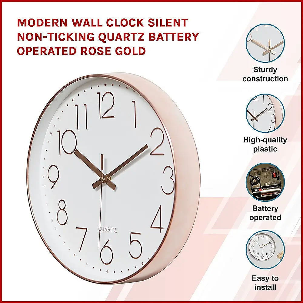 Modern Wall Clock Silent Non-Ticking Quartz Battery Operated Rose Gold - Home & Garden > Decor