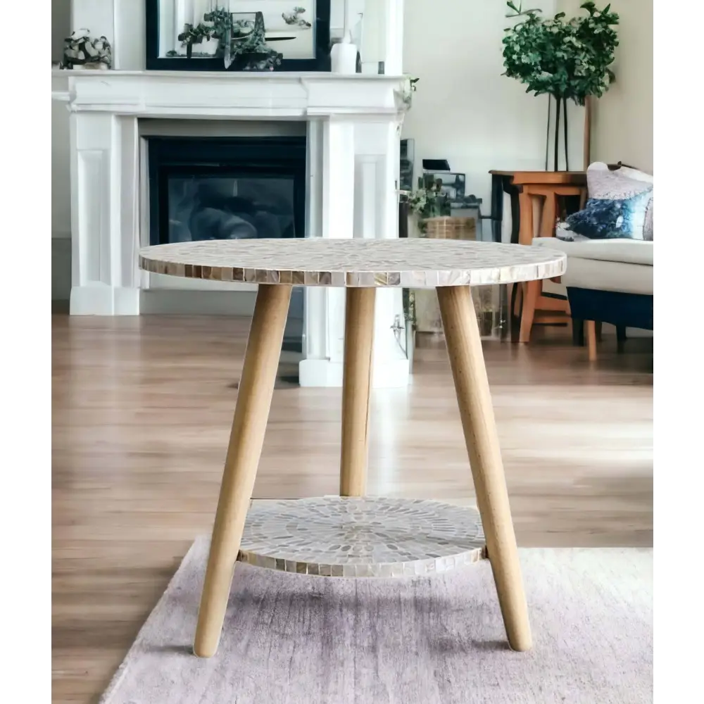 MOTHER OF PEARL MOSAIC HARMONY TW0-TIERED SIDE TABLE - Furniture > Living Room > Side Tables