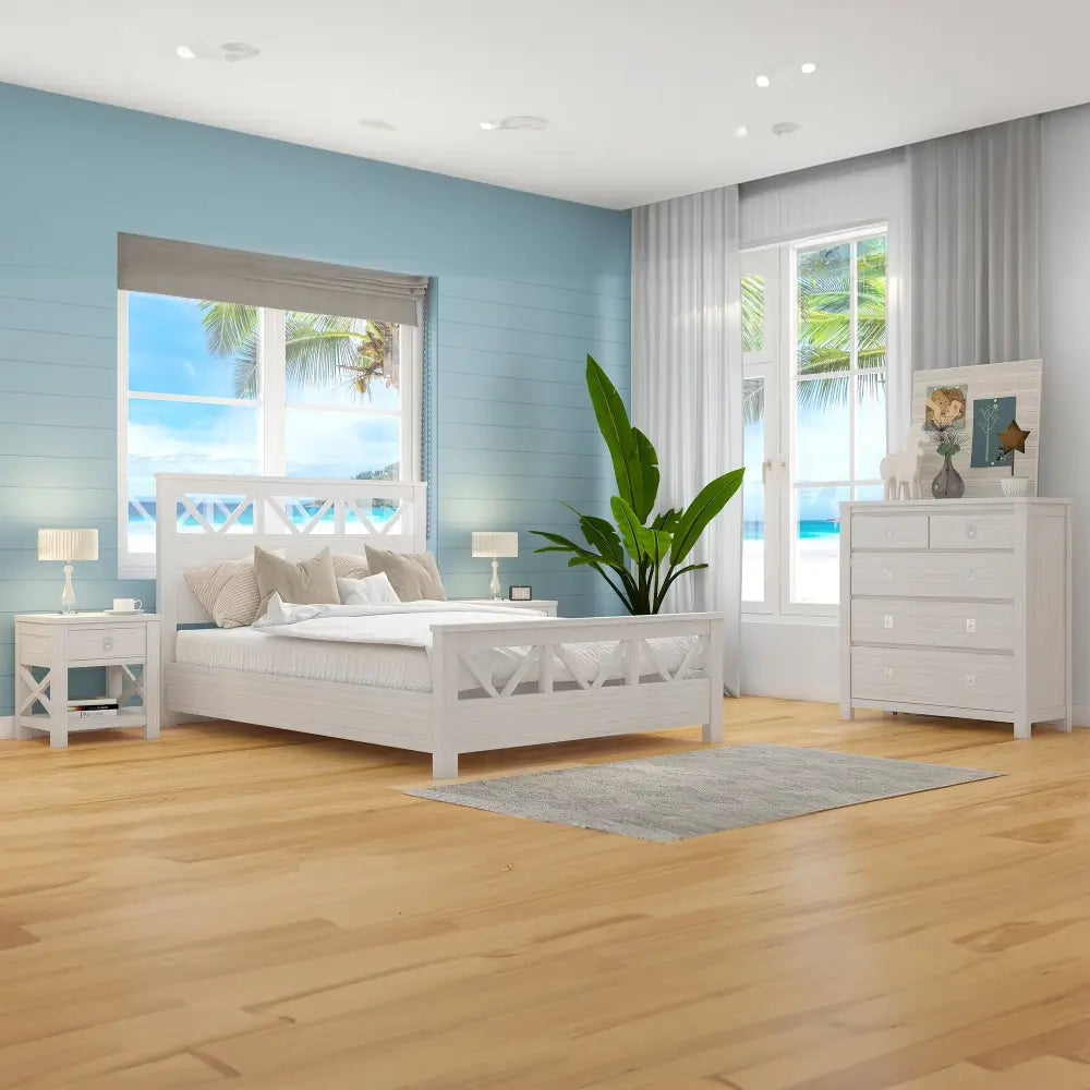Myer 4pc King Bed Suite Bedside Tallboy Bedroom Furniture Package White Wash - Furniture > Bedroom