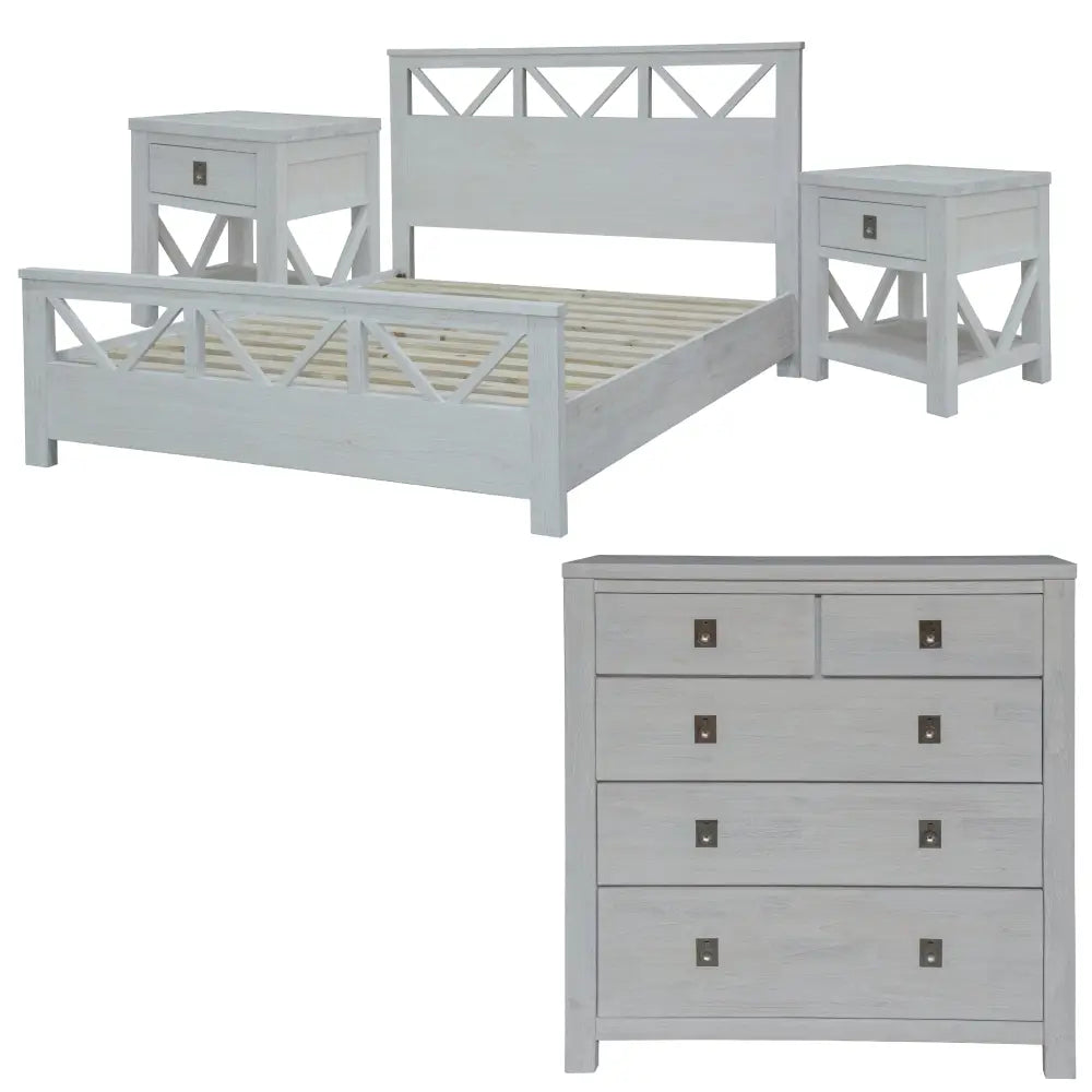 Myer 4pc King Bed Suite Bedside Tallboy Bedroom Furniture Package White Wash - Furniture > Bedroom