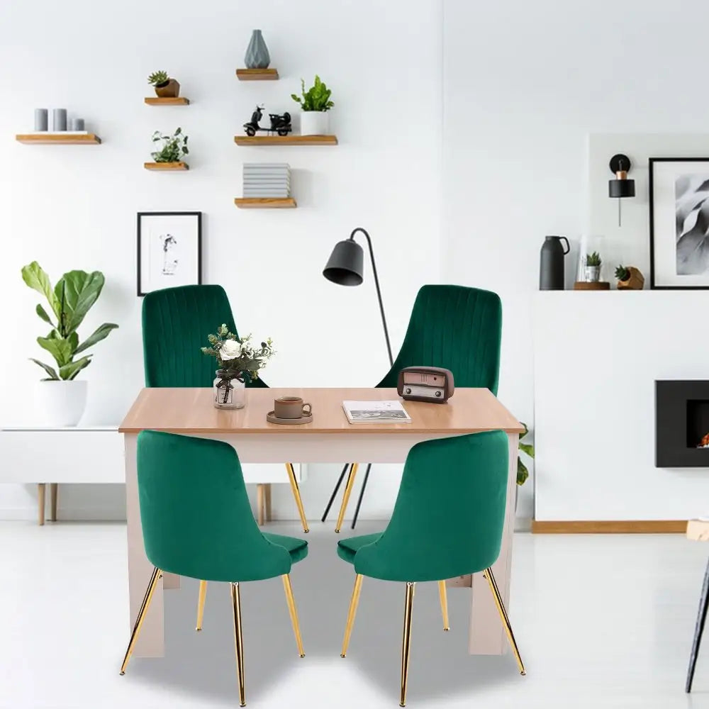 Natural Rectangular Dining Table with 4x Green Velvet Chairs - Furniture > Dining