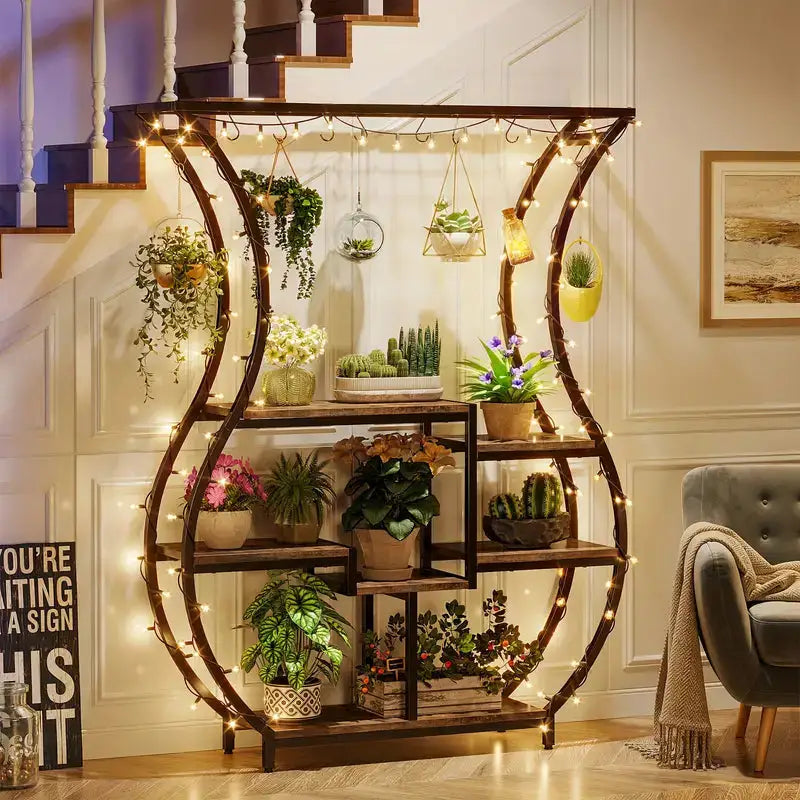 NNETMLT 6-Tier Plant Stand with Vase Shape Ladder Design Rustic Brown - Home & Garden > Decor > Garden Ornaments