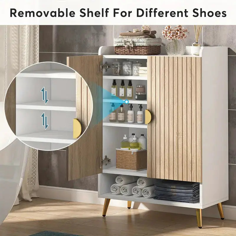 NNETMLT 7-Tier Shoe Storage Cabinet with Adjustable Shelves Wood and Gold - Furniture > Living Room > Shoe Storage