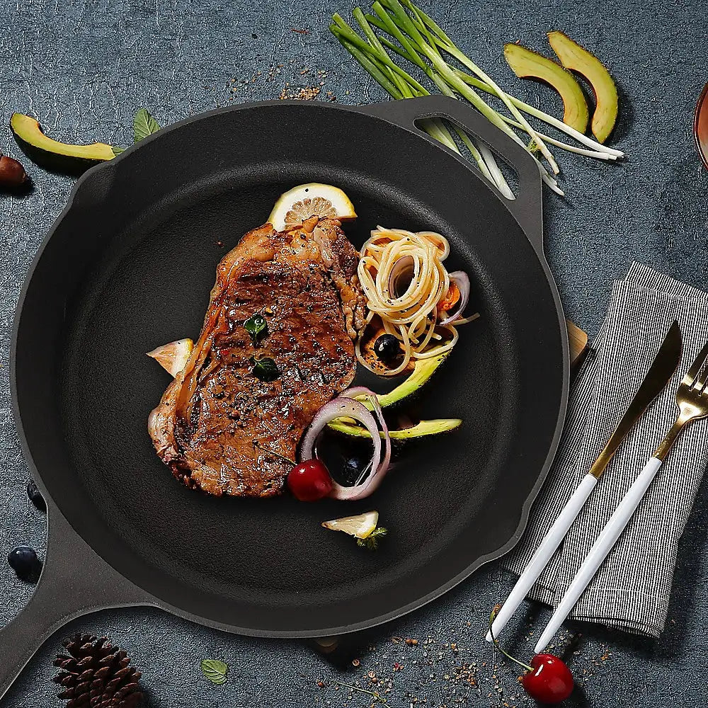 Non-stick Frying Pan Cast Iron Steak Skillet Round BBQ Grill Cookware 30cm - Home & Garden > Kitchenware