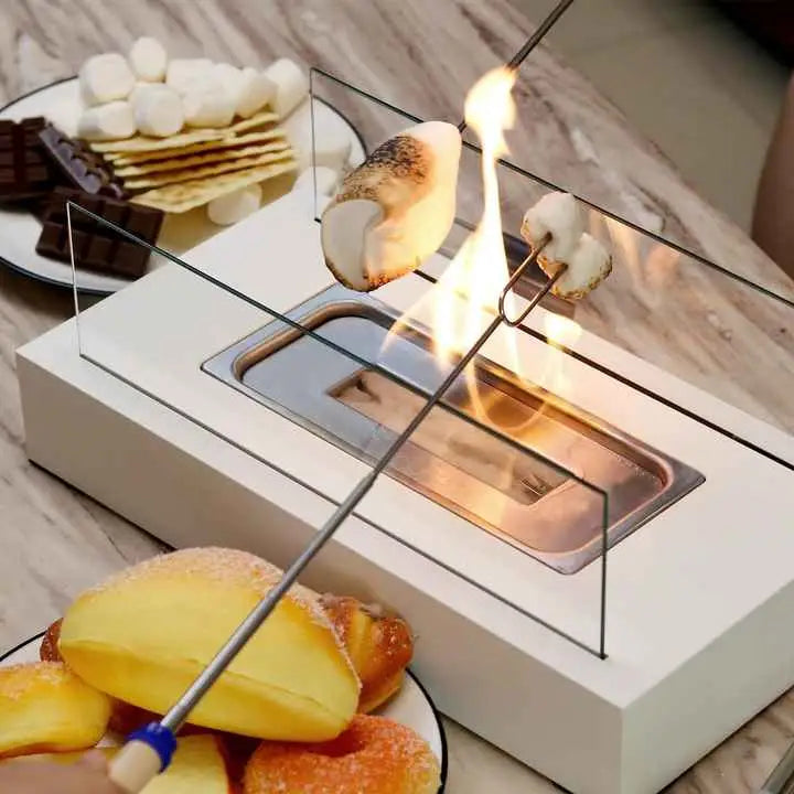 Not removable Portable Tabletop Bioethanol Fireplace - White Rectangular Design with Glass Shields - Home & Garden >