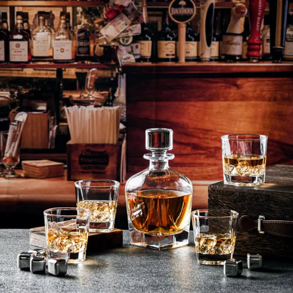 Novare Oval Whiskey Decanter Bottle With 4 Whiskey Glasses Set - Home & Garden > Kitchenware