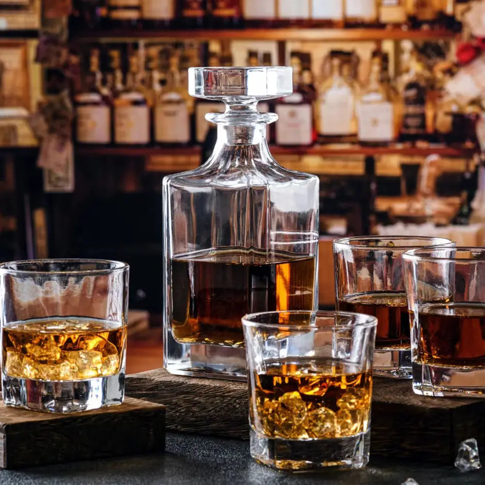 Novare Square Whiskey Decanter Bottle With 4 Whiskey Glasses Set - Home & Garden > Kitchenware