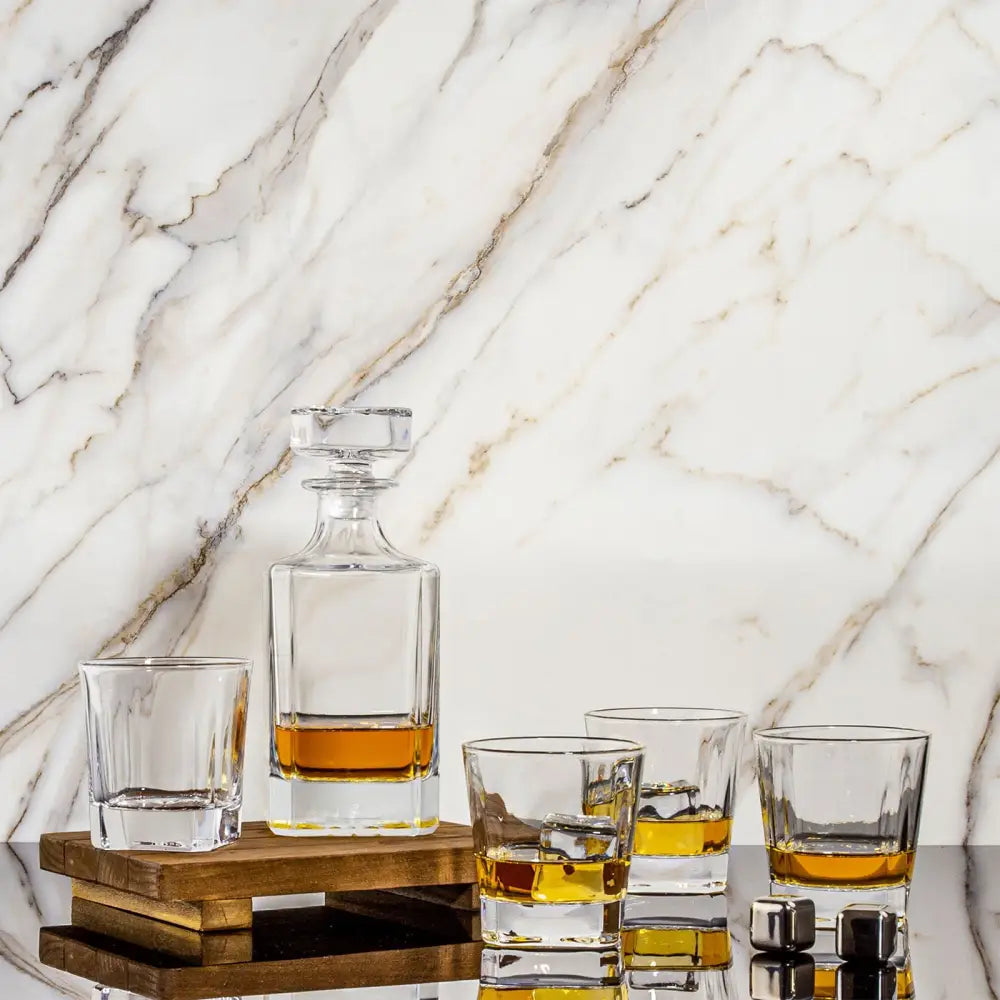 Novare Square Whiskey Decanter Bottle With 4 Whiskey Glasses Set - Home & Garden > Kitchenware