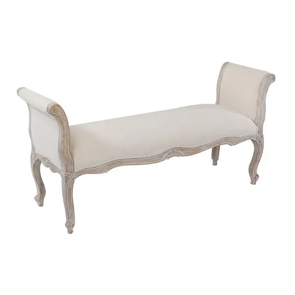 Oak Wood Linen Fabric Beige White Washed Finish Bench Chair - Furniture > Bar Stools & Chairs