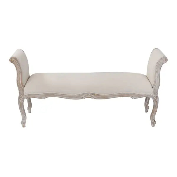 Oak Wood Linen Fabric Beige White Washed Finish Bench Chair - Furniture > Bar Stools & Chairs