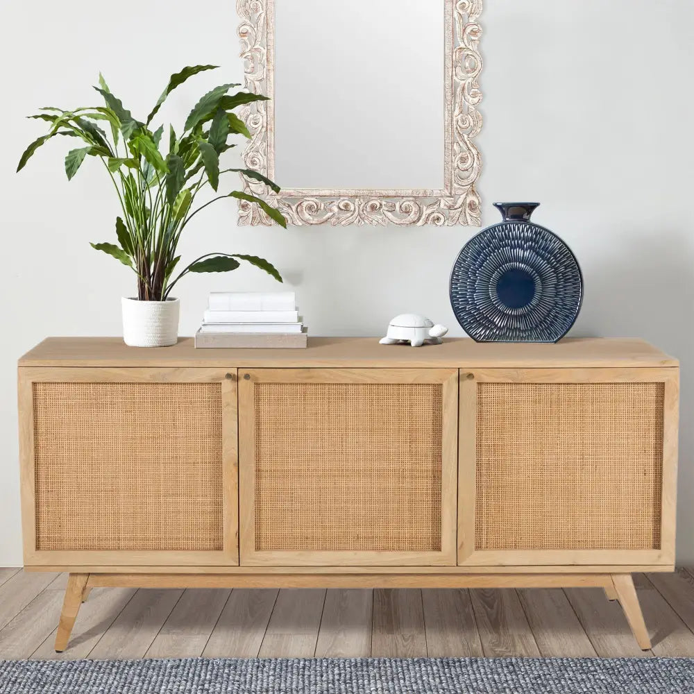 Olearia Buffet Table 150cm 3 Door Solid Mango Wood Storage Natural - Furniture > Living Room
