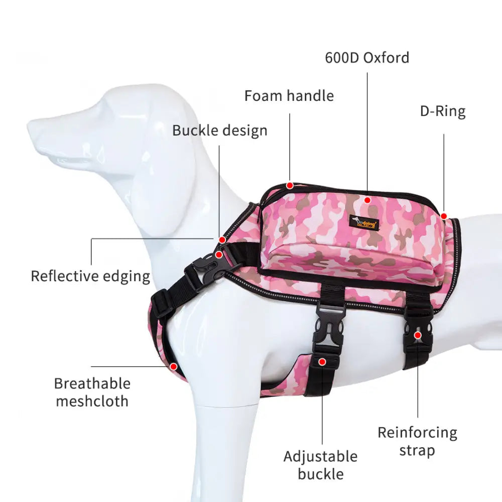 Ondoing Dog Backpack Harness Pet Saddle Bag Reflective Adjustable Outdoor Hiking-L-Camo Pink - Pet Care > Cat Supplies