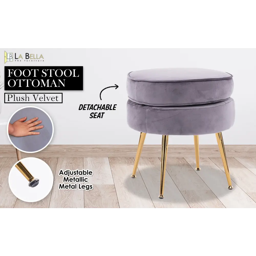 Ottoman Foot Stool Velvet Fabric Metal Leg Round GREY - Furniture > Bedroom > Bedside Tables