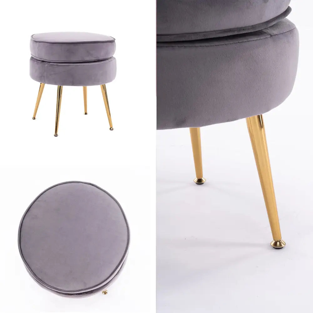 Ottoman Foot Stool Velvet Fabric Metal Leg Round GREY - Furniture > Bedroom > Bedside Tables