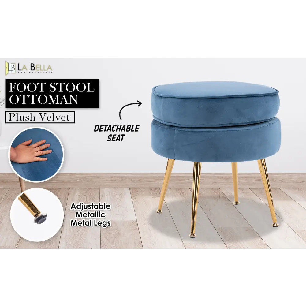 Ottoman Foot Stool Velvet Fabric Metal Leg Round NAVY BLUE - Furniture > Bedroom > Bedside Tables