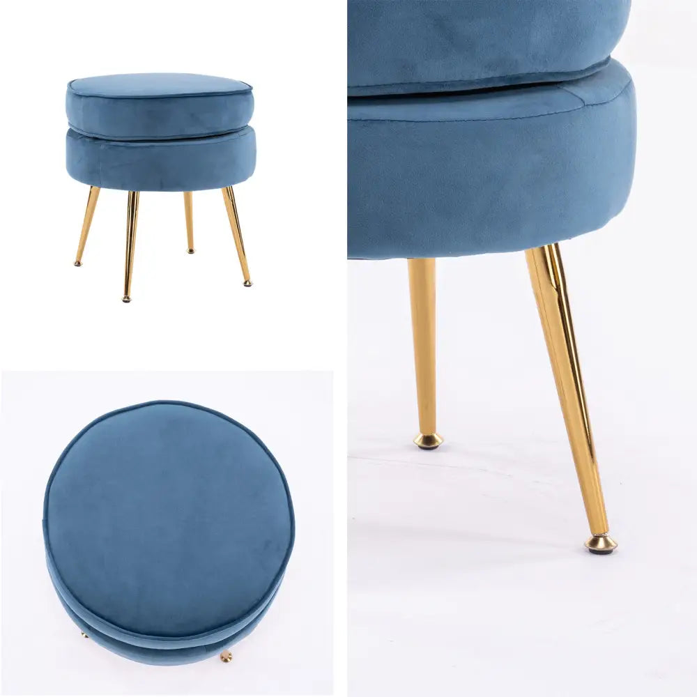 Ottoman Foot Stool Velvet Fabric Metal Leg Round NAVY BLUE - Furniture > Bedroom > Bedside Tables
