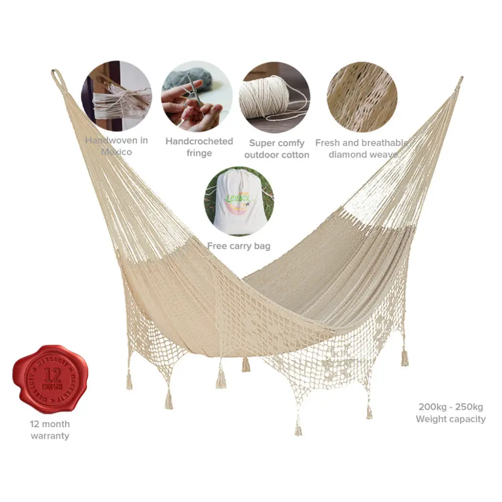 Outdoor undercover cotton Mayan Legacy hammock with hand crocheted tassels Queen Size Marble Colour - Home & Garden >