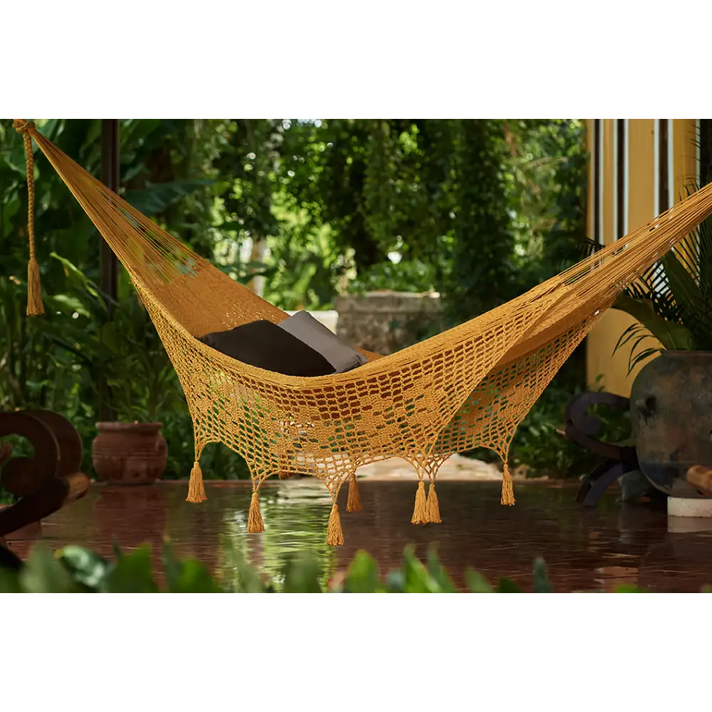 Outdoor undercover cotton Mayan Legacy hammock with hand crocheted tassels King Size Mustard - Home & Garden > Hammocks