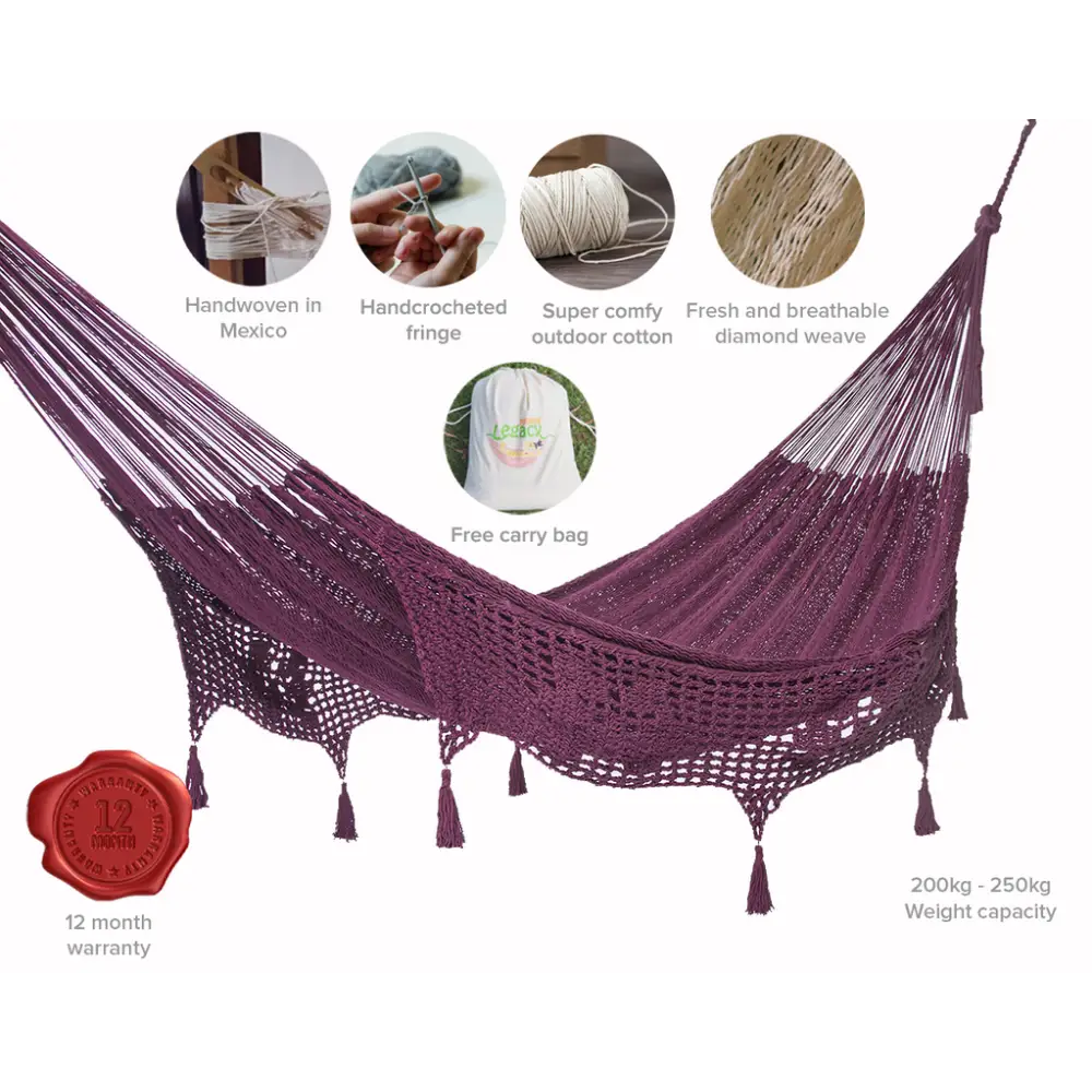 Outdoor undercover cotton Mayan Legacy hammock with hand crocheted tassels Queen Size Maroon - Home & Garden > Hammocks