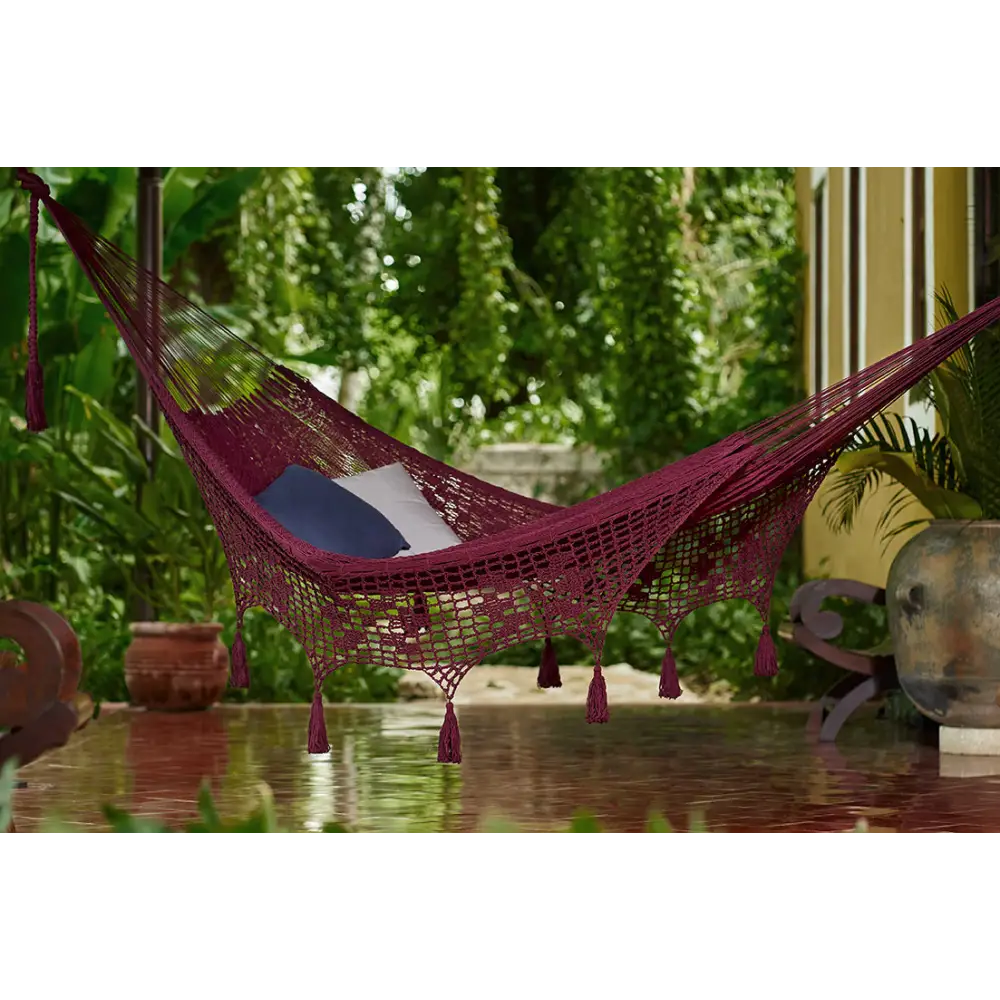 Outdoor undercover cotton Mayan Legacy hammock with hand crocheted tassels Queen Size Maroon - Home & Garden > Hammocks