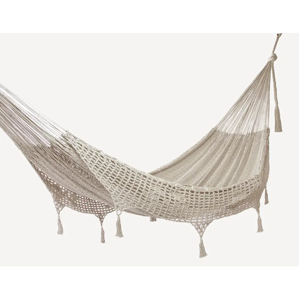 Outdoor undercover cotton Mayan Legacy hammock with hand crocheted tassels King Size Marble - Home & Garden > Hammocks