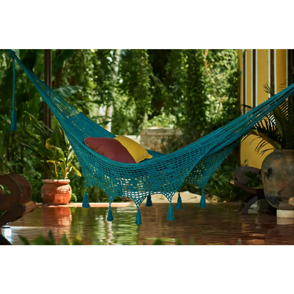 Outdoor undercover cotton Mayan Legacy hammock with hand crocheted tassels Queen Size Bondi - Home & Garden > Hammocks
