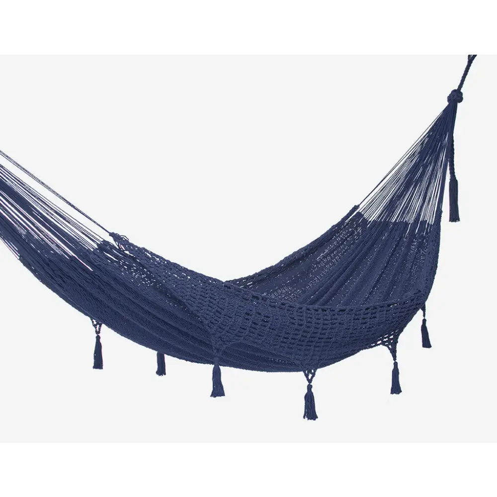 Outdoor undercover cotton Mayan Legacy hammock with hand crocheted tassels Queen Size Blue - Home & Garden > Hammocks
