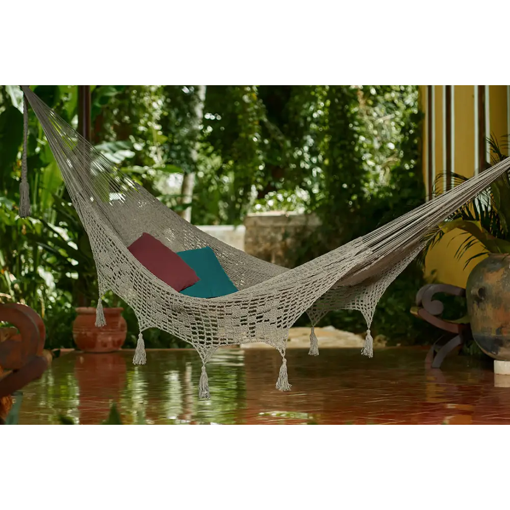 Outdoor undercover cotton Mayan Legacy hammock with hand crocheted tassels King Size Dream Sands - Home & Garden >