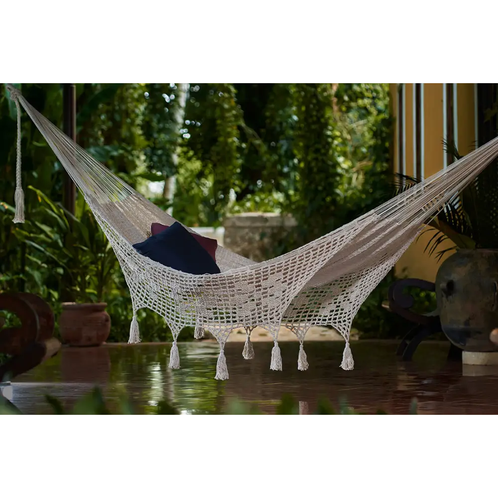 Outdoor undercover cotton Mayan Legacy hammock with hand crocheted tassels King Size Marble - Home & Garden > Hammocks