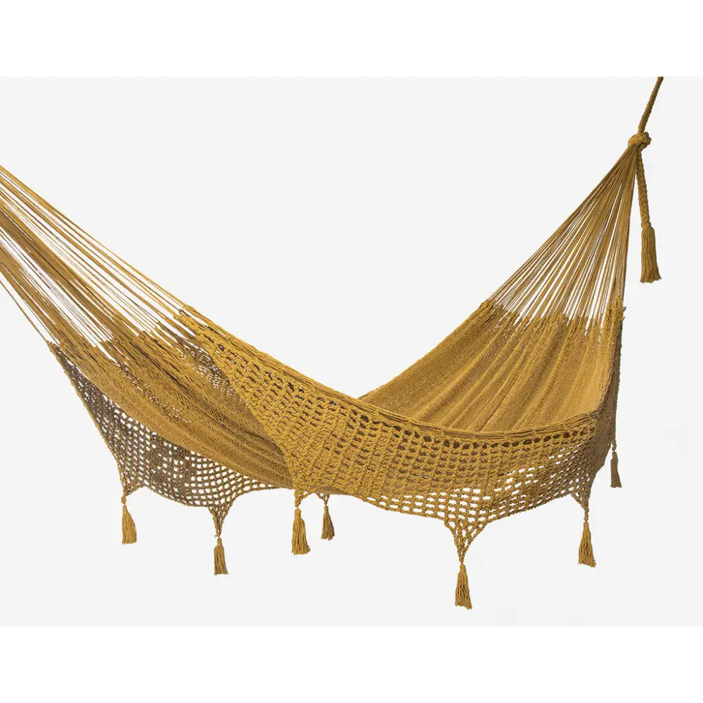 Outdoor undercover cotton Mayan Legacy hammock with hand crocheted tassels King Size Mustard - Home & Garden > Hammocks