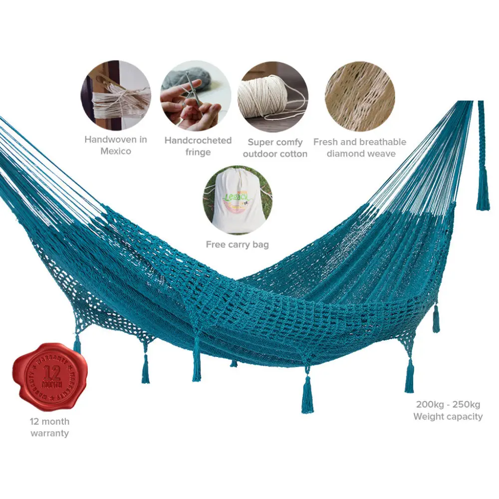 Outdoor undercover cotton Mayan Legacy hammock with hand crocheted tassels Queen Size Bondi - Home & Garden > Hammocks