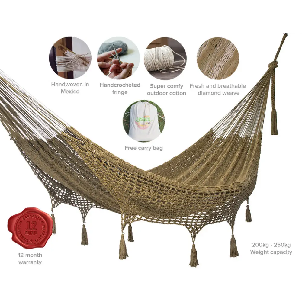 Outdoor undercover cotton Mayan Legacy hammock with hand crocheted tassels Queen Size Cedar - Home & Garden > Hammocks