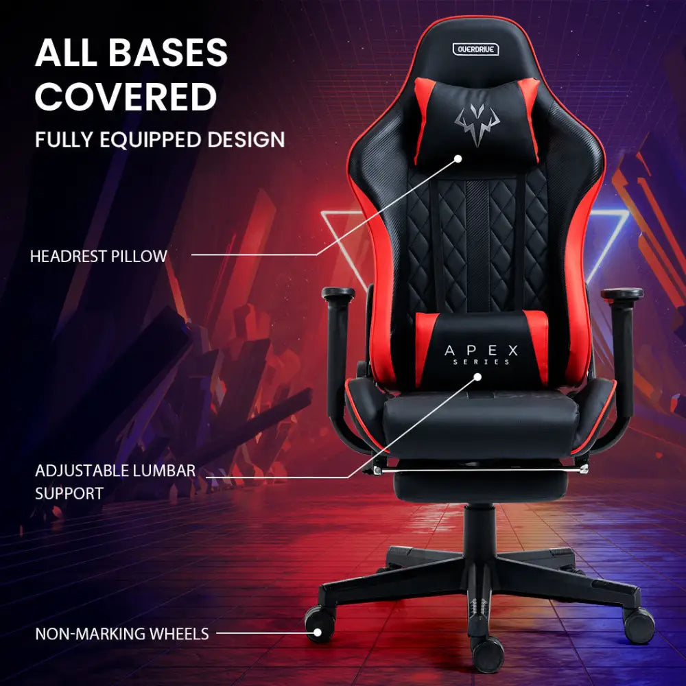 OVERDRIVE Apex Series Reclining Gaming Ergonomic Office Chair with Footrest Black and Red - Furniture > Office