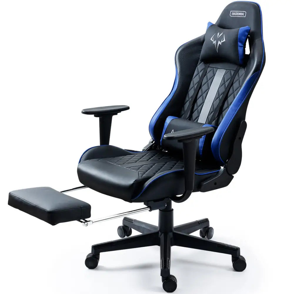 OVERDRIVE Apex Series Reclining Gaming Ergonomic Office Chair with Footrest Black and Blue - Furniture > Office