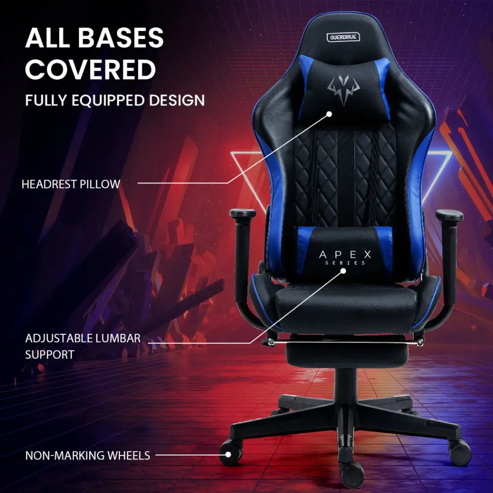 OVERDRIVE Apex Series Reclining Gaming Ergonomic Office Chair with Footrest Black and Blue - Furniture > Office