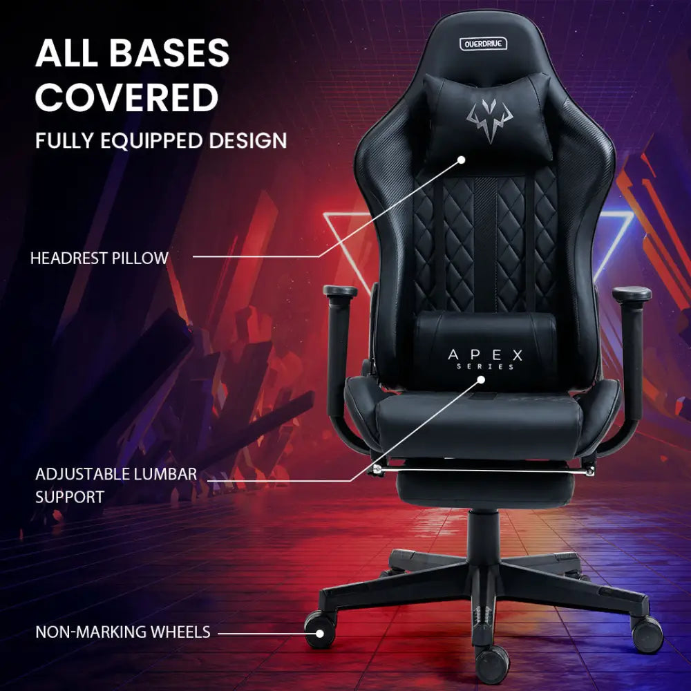 OVERDRIVE Apex Series Reclining Gaming Ergonomic Office Chair with Footrest Black - Furniture > Office