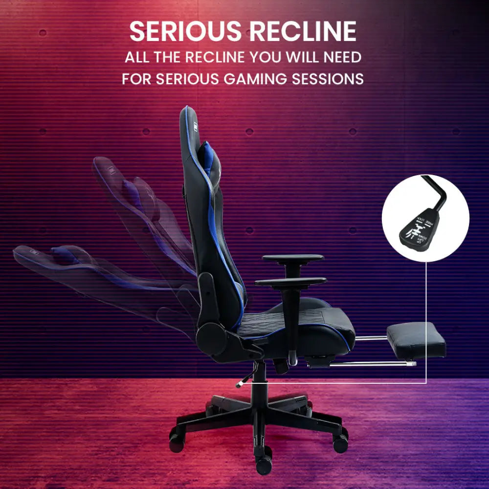 OVERDRIVE Apex Series Reclining Gaming Ergonomic Office Chair with Footrest Black and Blue - Furniture > Office