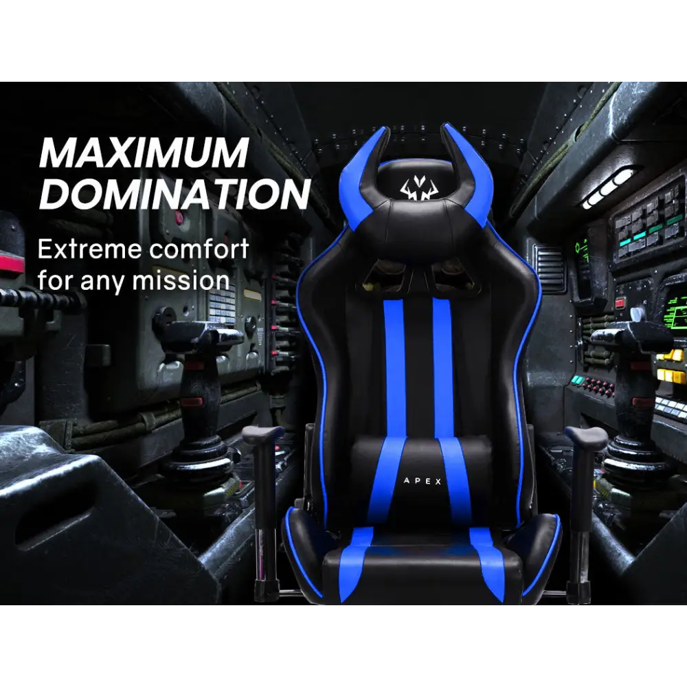 OVERDRIVE Diablo Reclining Gaming Chair Black & Blue Computer Lumbar Office Horns - Furniture > Office