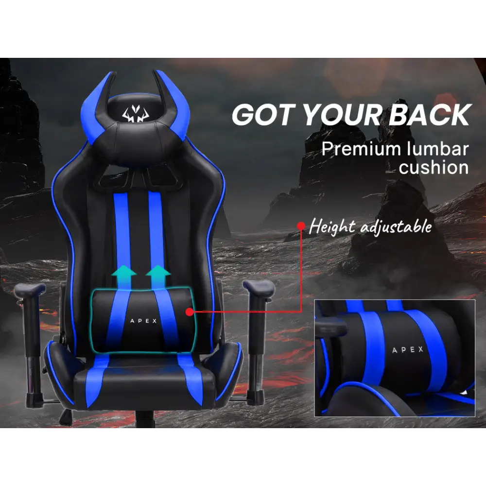 OVERDRIVE Diablo Reclining Gaming Chair Black & Blue Computer Lumbar Office Horns - Furniture > Office
