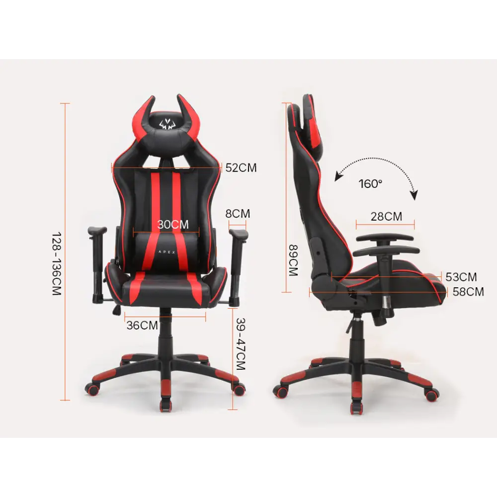 OVERDRIVE Diablo Reclining Gaming Chair Black & Red Office Computer Seat Neck Lumbar Horns - Furniture > Office