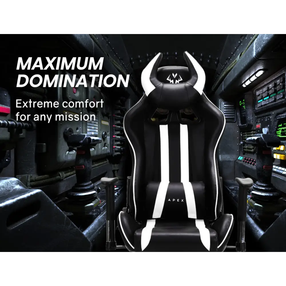 OVERDRIVE Diablo Reclining Gaming Chair Black & White Seat Computer Office Neck Lumbar Horns - Furniture > Office