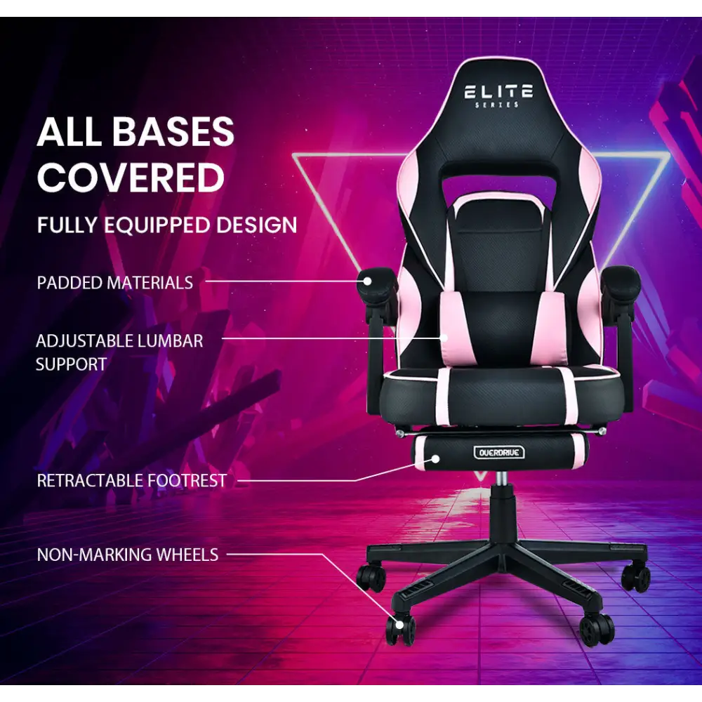 OVERDRIVE Gaming Chair Pink Racing Computer Office Ergonomic Reclining Footrest - Furniture > Office