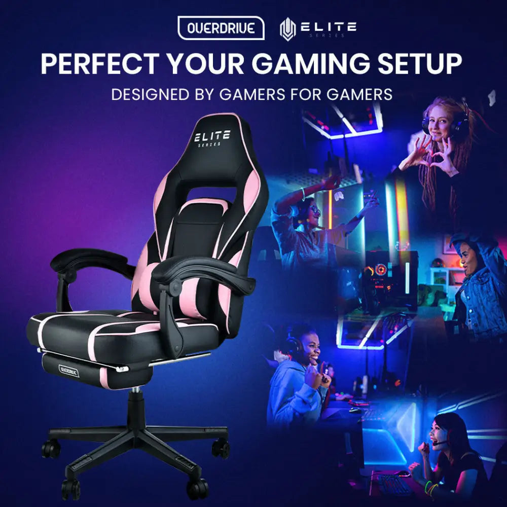 OVERDRIVE Gaming Chair Pink Racing Computer Office Ergonomic Reclining Footrest - Furniture > Office