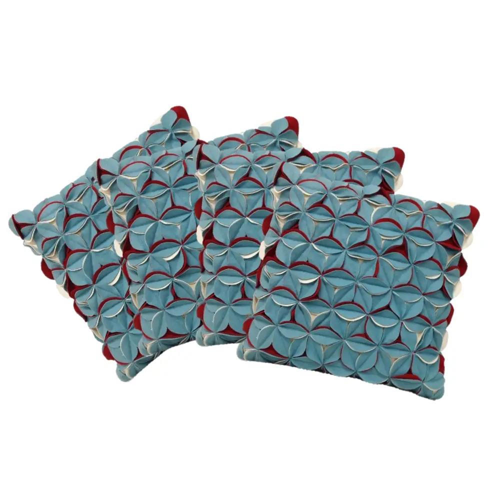 Pack of 4 Covers Amelie Aqua Blue & Red 3D Texture Cushion Covers - Home & Garden > Decor