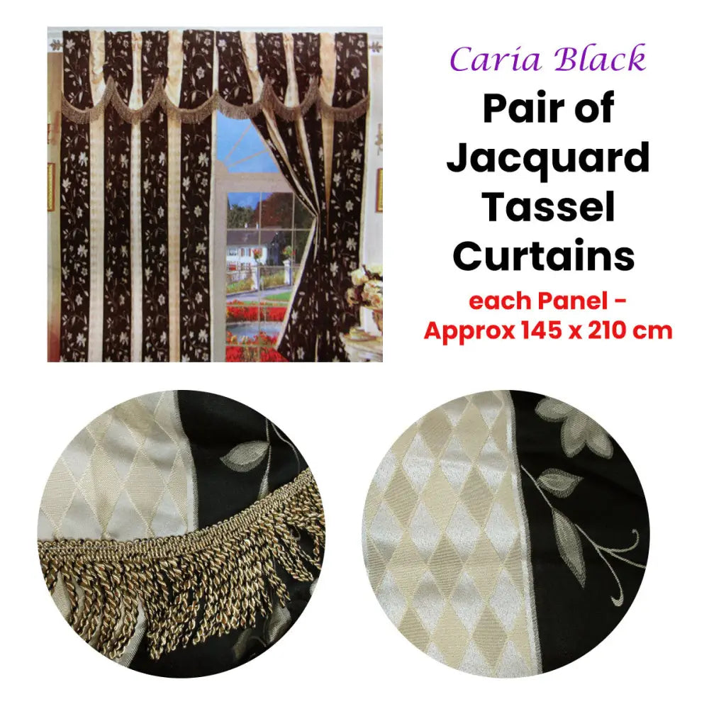 Pair of Caria Black Jacquard Tassels Unlined Curtains 145 x 210 cm - Home & Garden > Curtains
